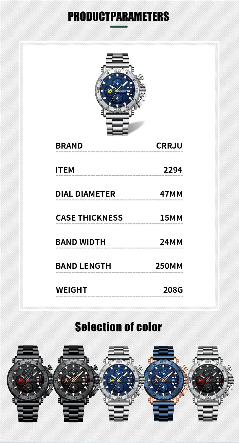 Relógio Masculino CRRJU Sport Chronograph  Top Marca Luxo   À Prova D'água