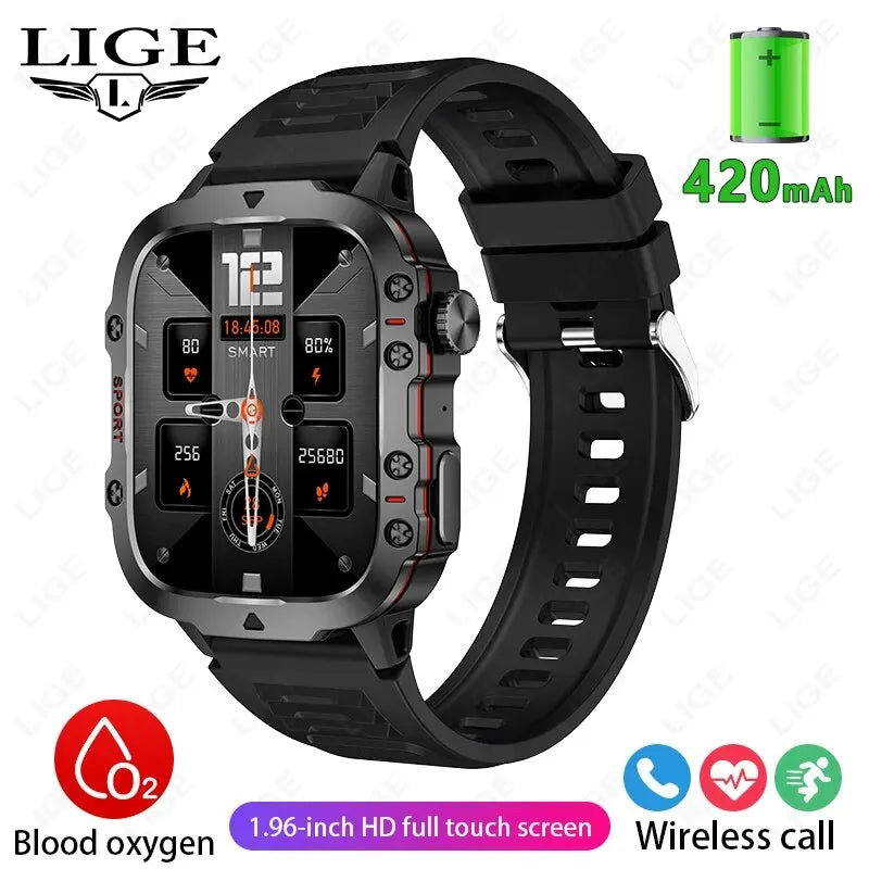 smartwatch inteligente LIGE com tela de 1,96 polegadas, chamada Bluetooth de 420 mAh, assistente de voz, relógio esportivo, fitness, à prova d'água