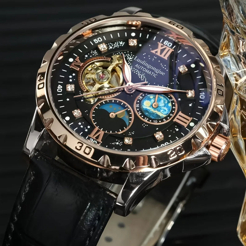 Relógio masculino automático luxuoso, mostrador luminoso com céu estrelado, movimento turbilhão elegante não requer bateria