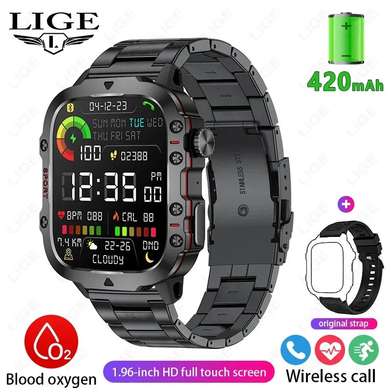 smartwatch inteligente LIGE com tela de 1,96 polegadas, chamada Bluetooth de 420 mAh, assistente de voz, relógio esportivo, fitness, à prova d'água