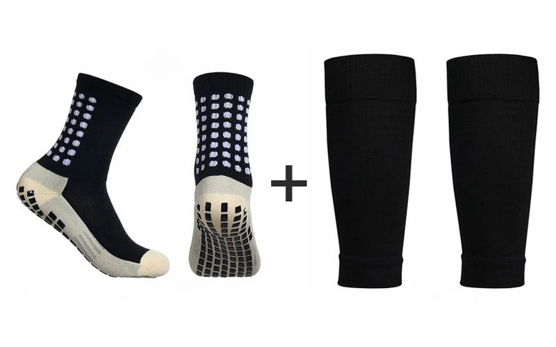 Conjunto de 2 pares de meias de futebol com aderência e joelheiras/caneleiras antiderrapantes para adultos e jovens, ideais para basquete e futebol.v