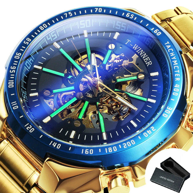 Relógio automático masculino WINNER Steampunk esqueleto, pulseira de aço inoxidável