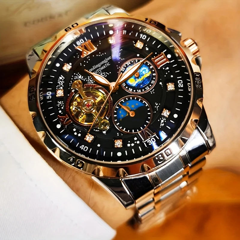 Relógio masculino automático luxuoso, mostrador luminoso com céu estrelado, movimento turbilhão elegante não requer bateria