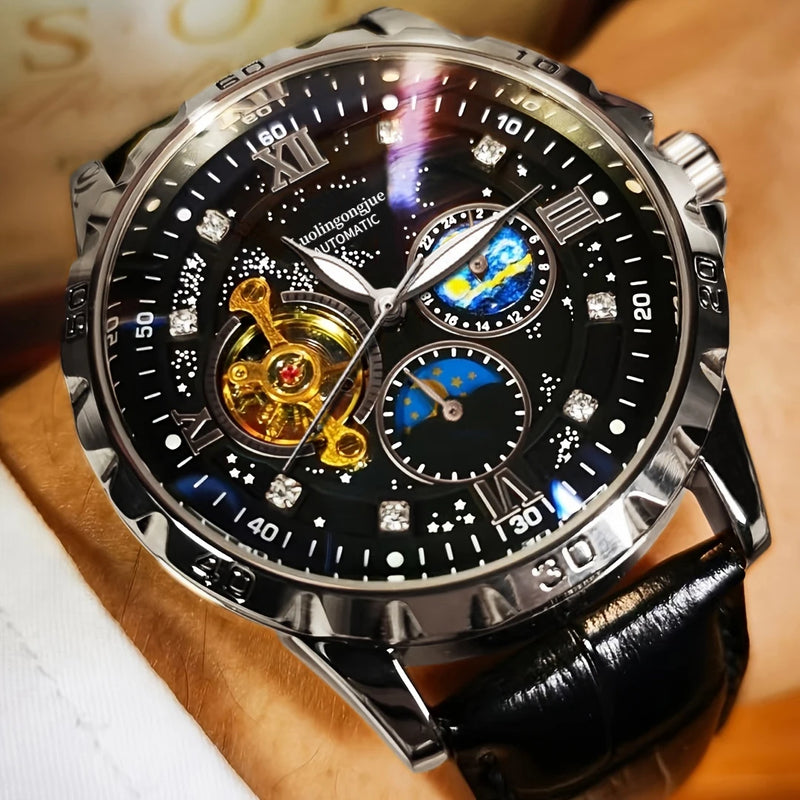 Relógio masculino automático luxuoso, mostrador luminoso com céu estrelado, movimento turbilhão elegante não requer bateria