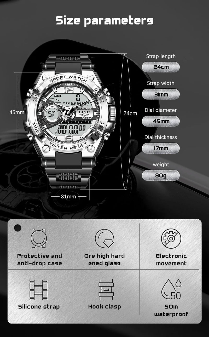 Relógio de pulso Masculino LED Digital Dual Display Luminoso