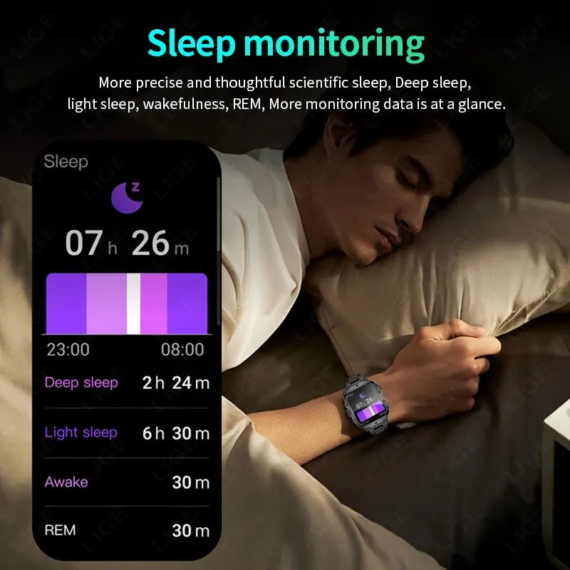 smartwatch inteligente LIGE com tela de 1,96 polegadas, chamada Bluetooth de 420 mAh, assistente de voz, relógio esportivo, fitness, à prova d'água