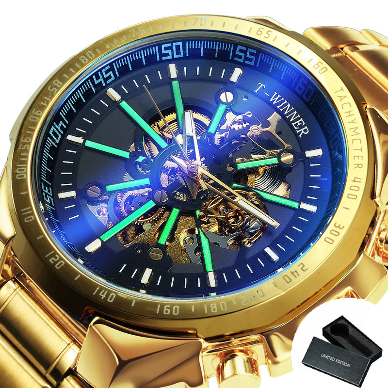 Relógio automático masculino WINNER Steampunk esqueleto, pulseira de aço inoxidável