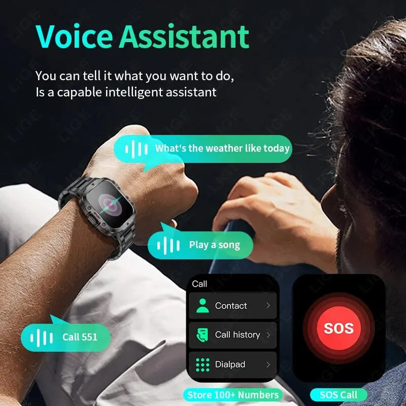 smartwatch inteligente LIGE com tela de 1,96 polegadas, chamada Bluetooth de 420 mAh, assistente de voz, relógio esportivo, fitness, à prova d'água
