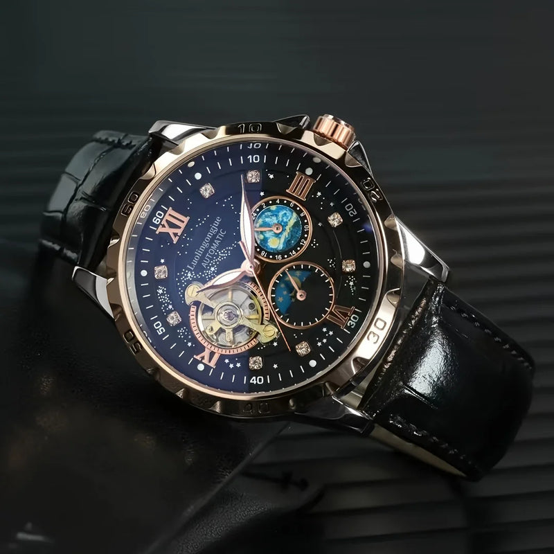 Relógio masculino automático luxuoso, mostrador luminoso com céu estrelado, movimento turbilhão elegante não requer bateria