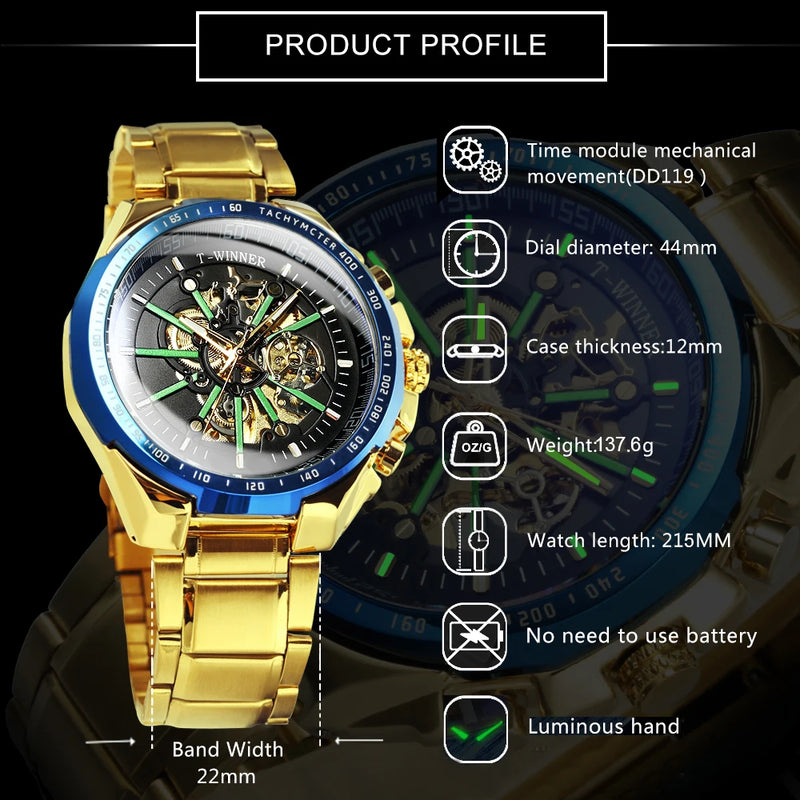 Relógio automático masculino WINNER Steampunk esqueleto, pulseira de aço inoxidável