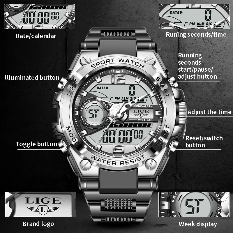 Relógio de pulso Masculino LED Digital Dual Display Luminoso