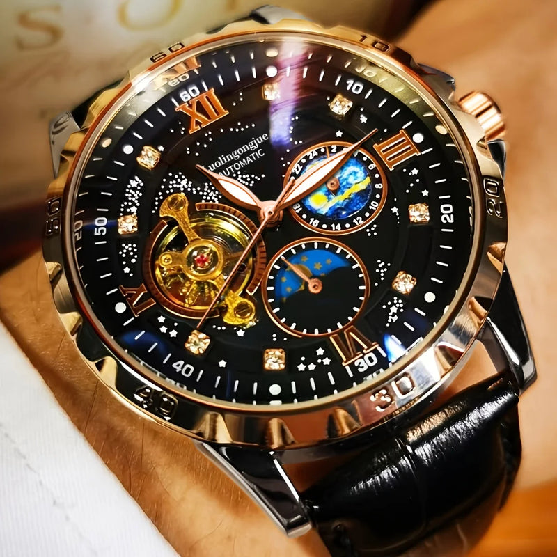 Relógio masculino automático luxuoso, mostrador luminoso com céu estrelado, movimento turbilhão elegante não requer bateria