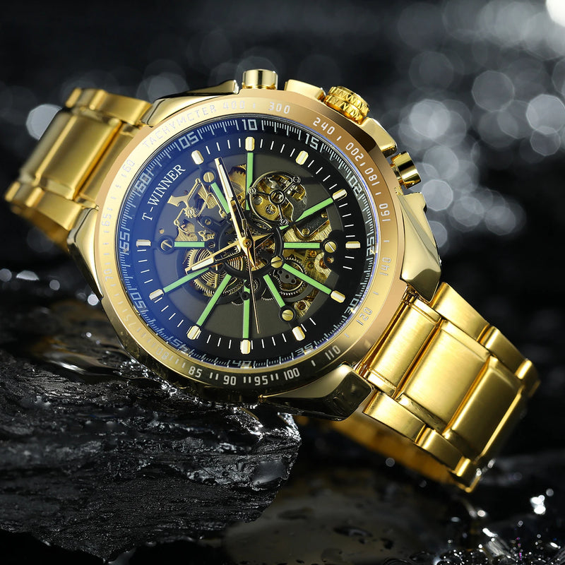 Relógio automático masculino WINNER Steampunk esqueleto, pulseira de aço inoxidável