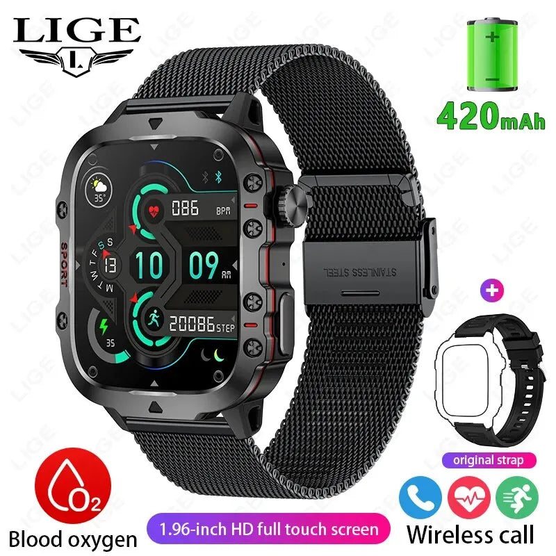 smartwatch inteligente LIGE com tela de 1,96 polegadas, chamada Bluetooth de 420 mAh, assistente de voz, relógio esportivo, fitness, à prova d'água