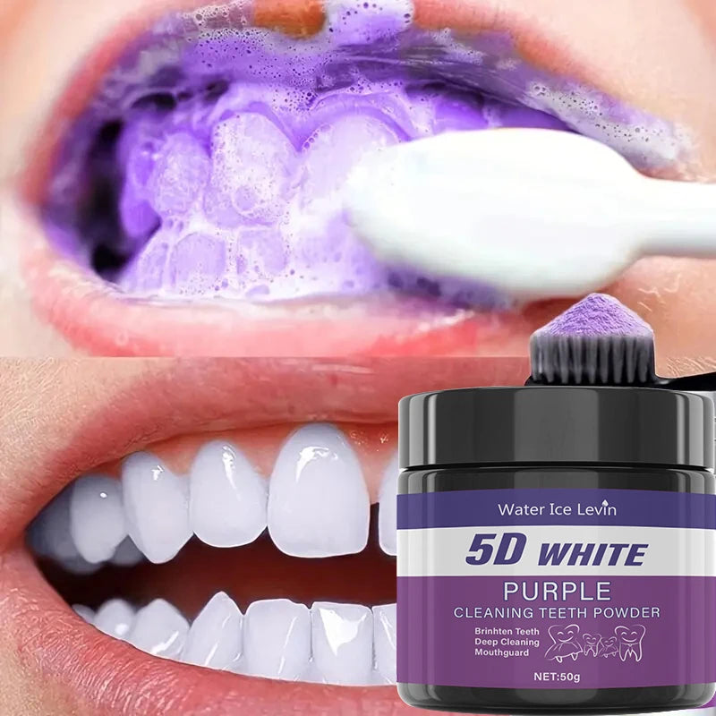 Pó de limpeza dental roxo - sem ácido sulfúrico, limpeza e polimento profundos, clareia os dentes em 5 dias