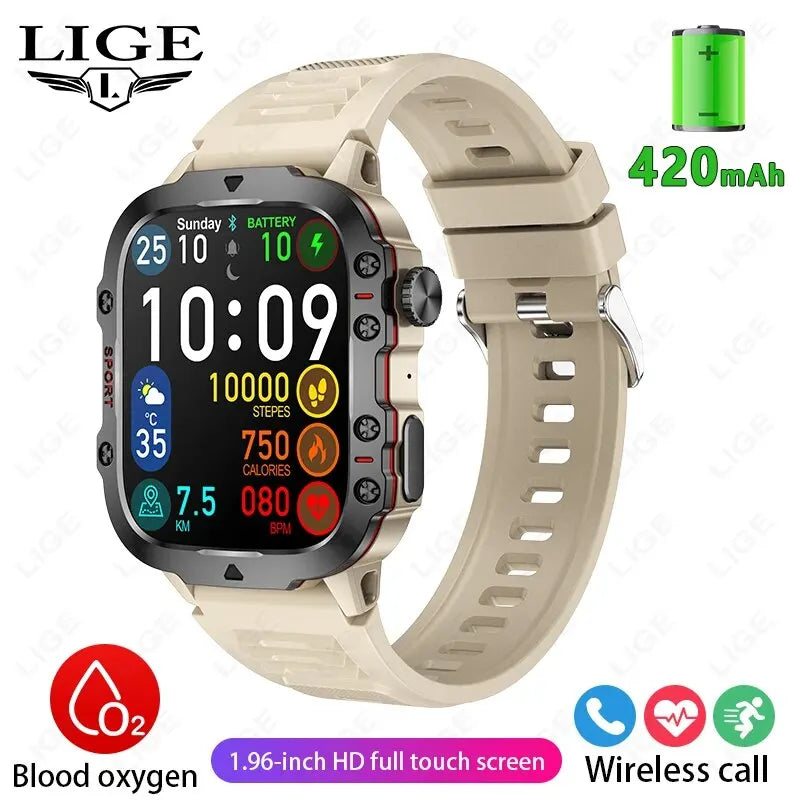 smartwatch inteligente LIGE com tela de 1,96 polegadas, chamada Bluetooth de 420 mAh, assistente de voz, relógio esportivo, fitness, à prova d'água