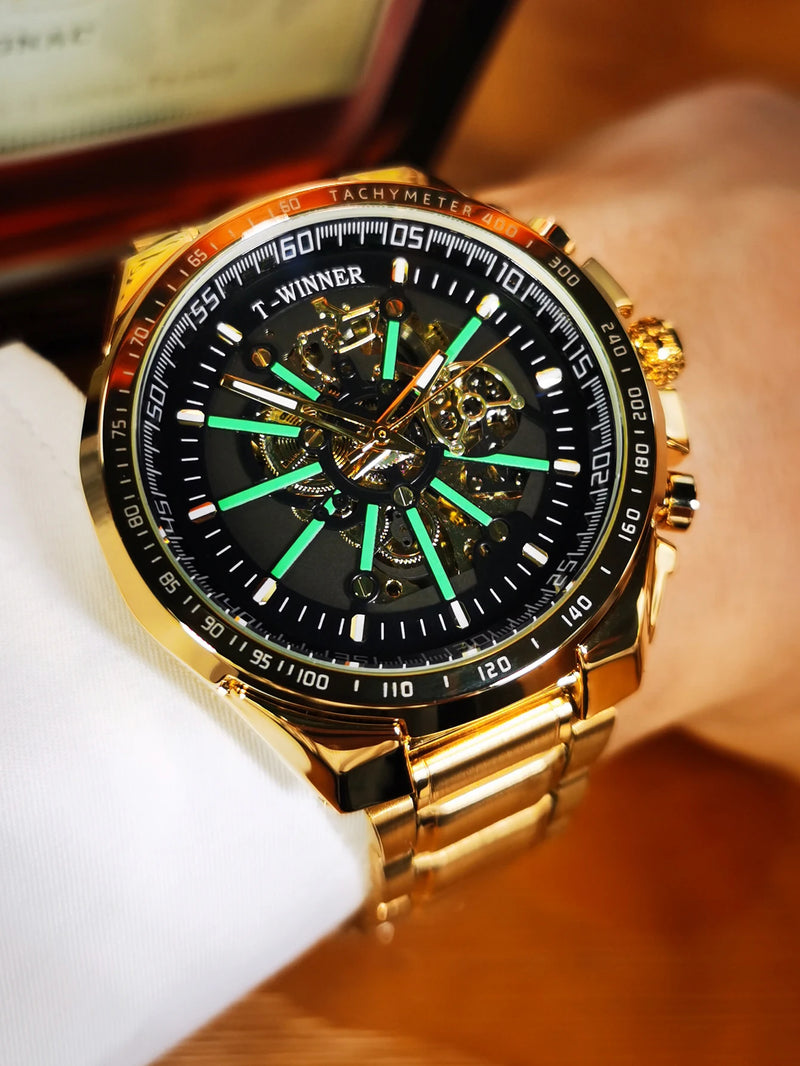 Relógio automático masculino WINNER Steampunk esqueleto, pulseira de aço inoxidável
