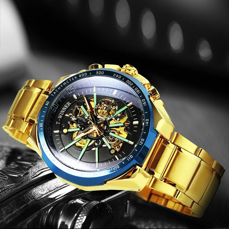 Relógio automático masculino WINNER Steampunk esqueleto, pulseira de aço inoxidável