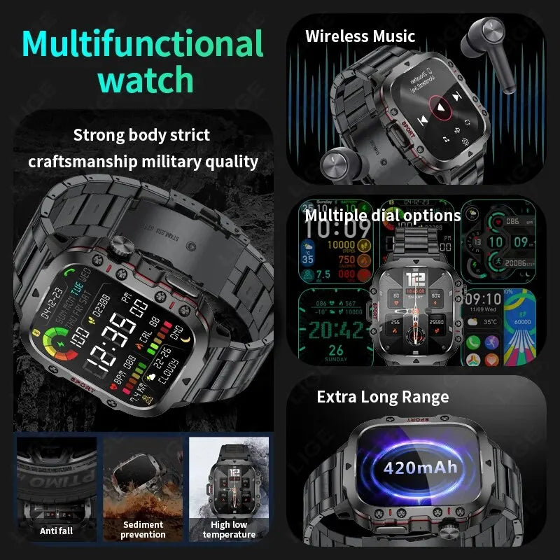 smartwatch inteligente LIGE com tela de 1,96 polegadas, chamada Bluetooth de 420 mAh, assistente de voz, relógio esportivo, fitness, à prova d'água