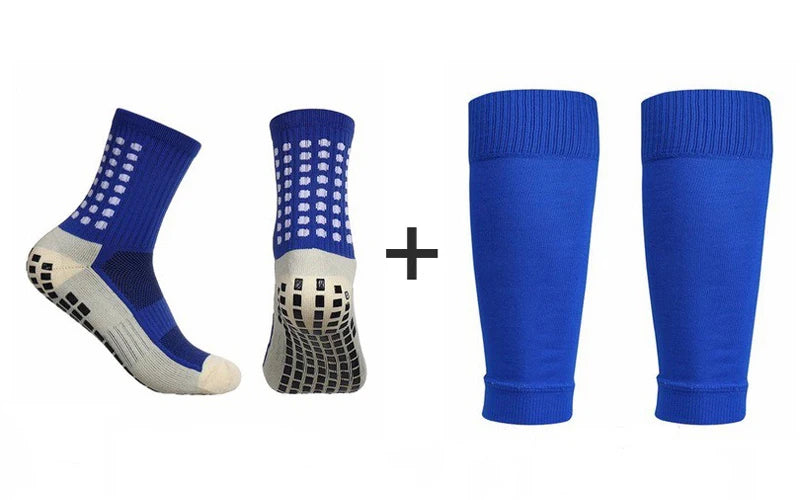 Conjunto de 2 pares de meias de futebol com aderência e joelheiras/caneleiras antiderrapantes para adultos e jovens, ideais para basquete e futebol.v
