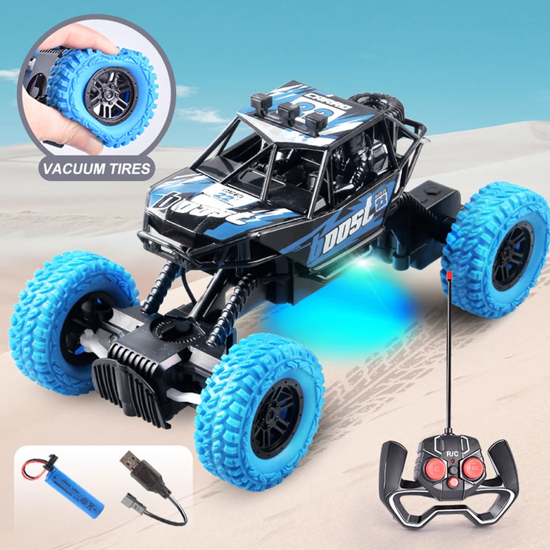 Carro de controle remoto com luzes coloridas piscantes, rodas de borracha