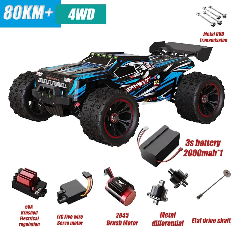 Carro de controle remoto off-road 4x4 de alta velocidade, 80 km/h, com farol de LED, sem escova, 4x4, 1/14, caminhão monstro