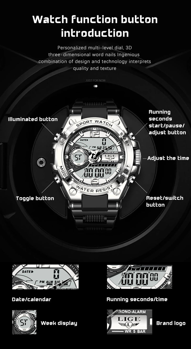 Relógio de pulso Masculino LED Digital Dual Display Luminoso