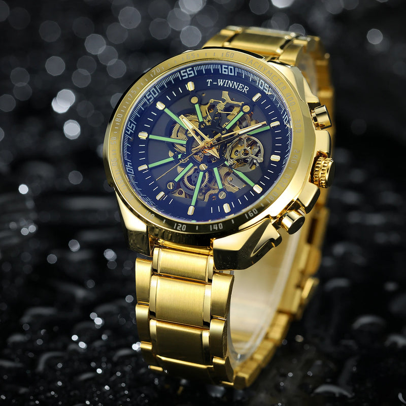 Relógio automático masculino WINNER Steampunk esqueleto, pulseira de aço inoxidável