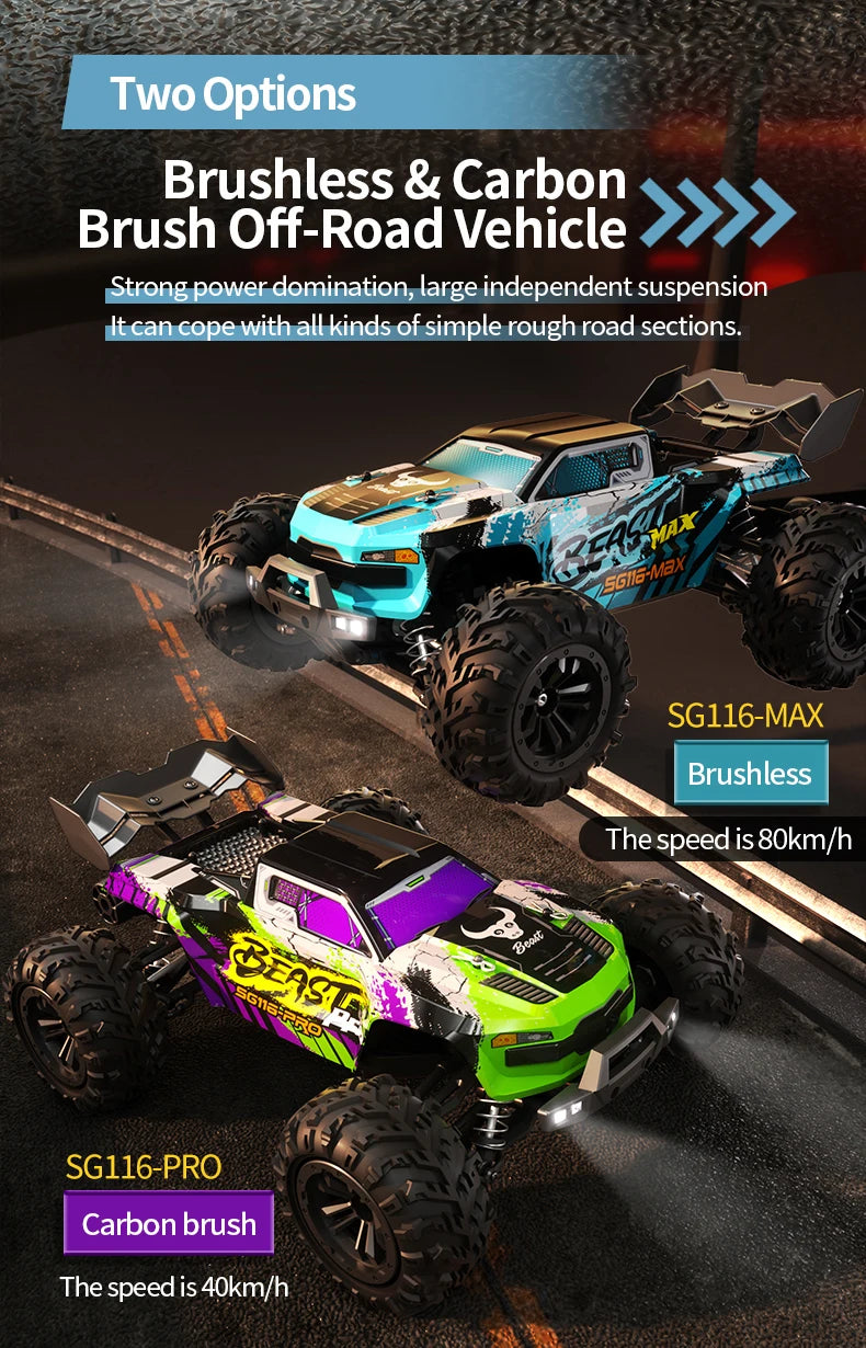 80 km/h carro de controle remoto de alta velocidade sem escova 4x4 off-road drift carro de corrida profissional 1:16 SG116PRO 40 km/h