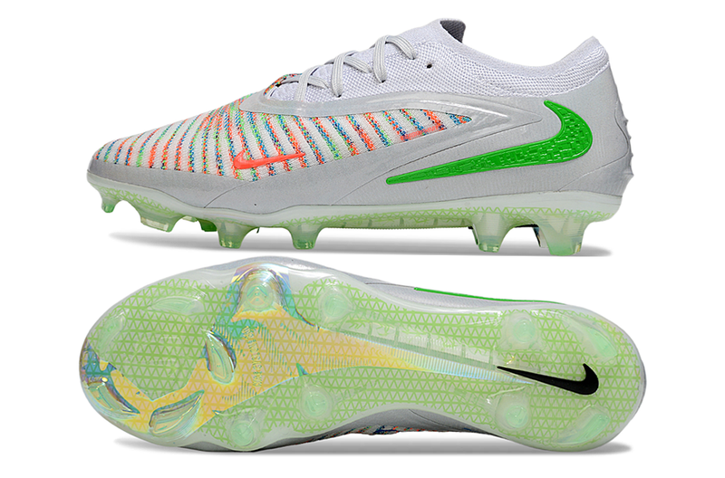 Chuteira Campo Nike Phantom GX 3 Elite FG Prata, Verde e Laranja
